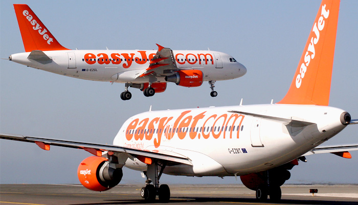 two easyjet airplane crossing